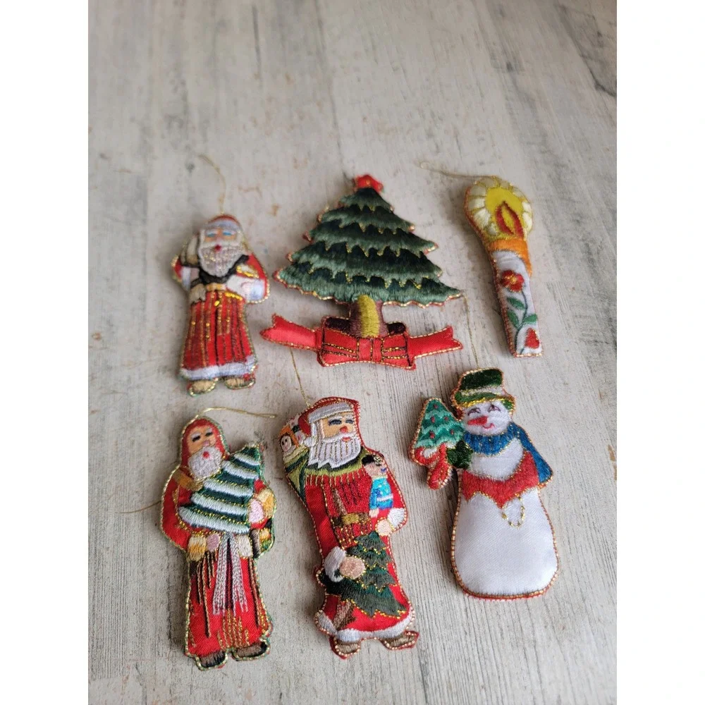 Vintage embroidered Santa Claus tree candle ornament Snowman Xmas set